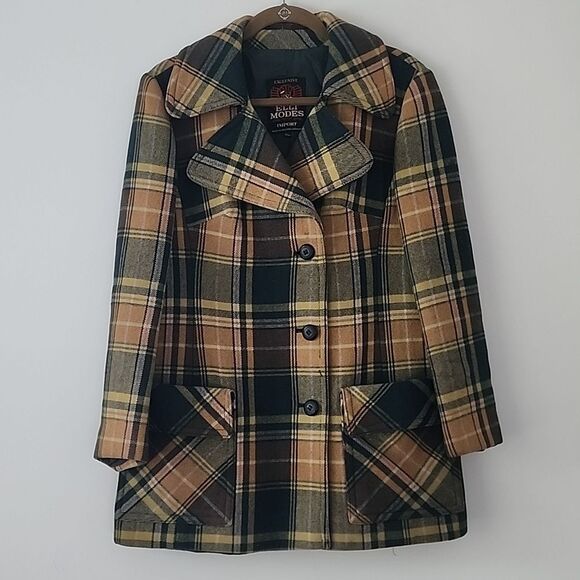 Elli Vintage Retro Yellow Green Plaid Wool Coat Jacket Made In Germany M - Picture 8 of 8